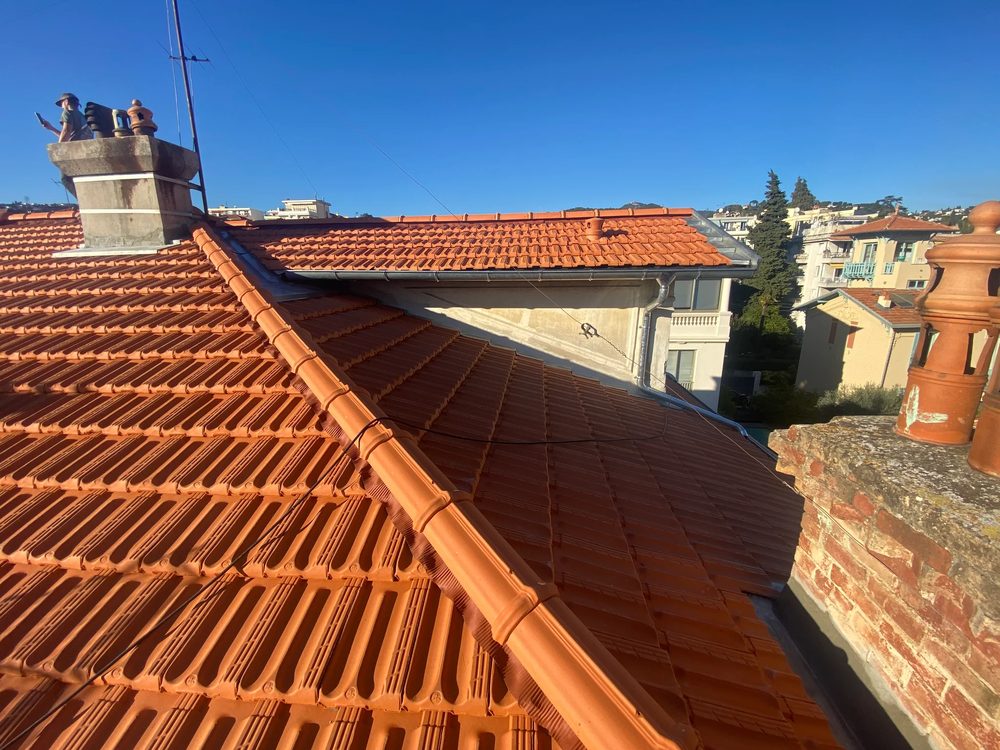 Gouttière et souches de cheminée habillées en zinc sur une toiture de ville